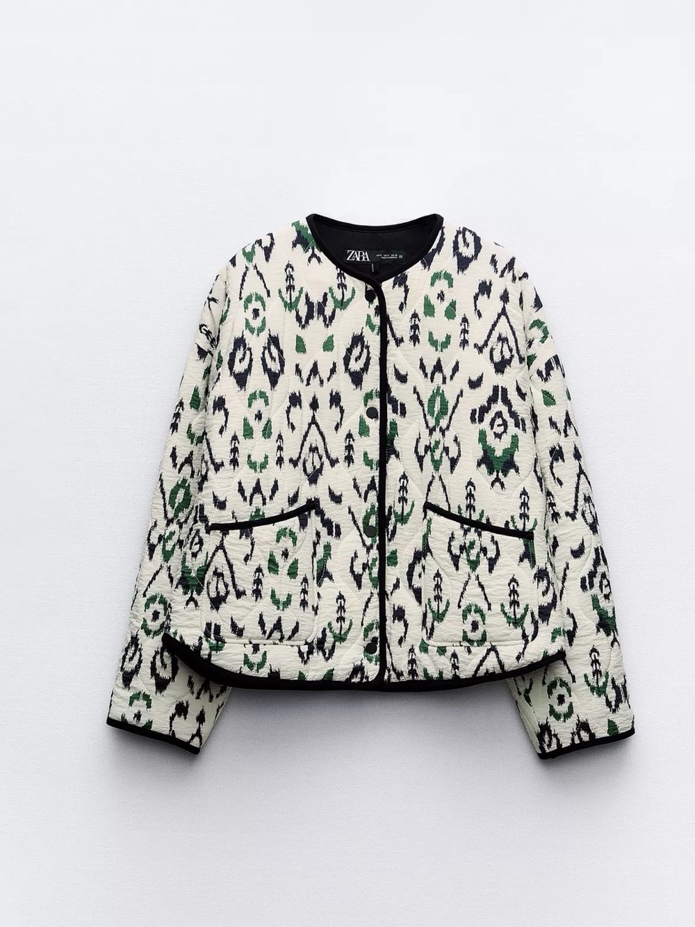 Zara Cream Quilted Ikat Jacket with Green and Black Accents